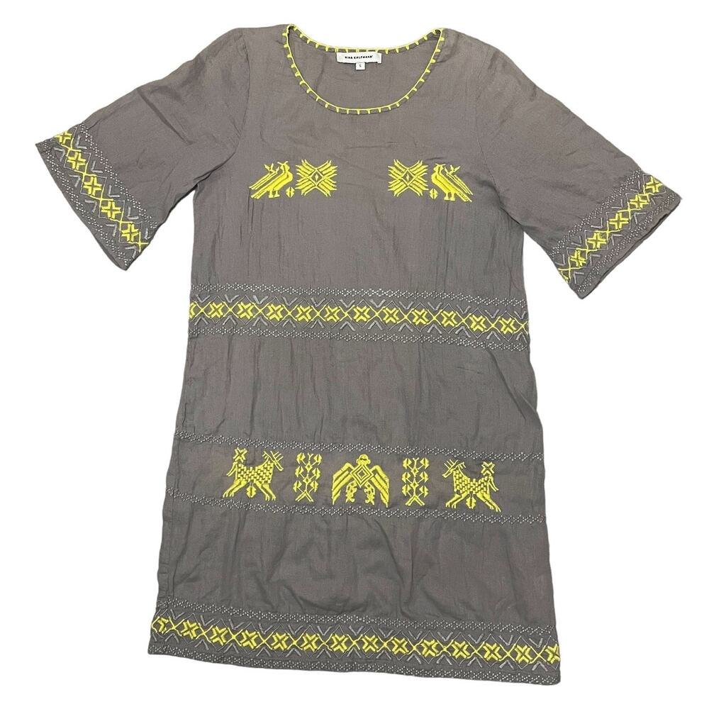 Nina Kaufmann Embroidered Mini Dress Boho Festival Gray & Neon Yellow Small